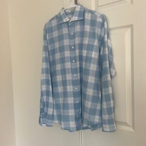 Peter Millar Mens Blue Plaid Long Sleeve Button Down Shirt Medium 100% Cotton